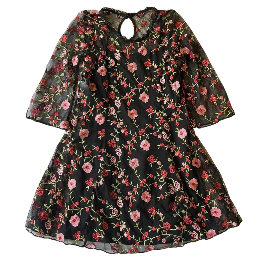 Vesture Group Women Mini Dress XS Black Floral Embroidery A-Line Lace 3/4 Sleeve